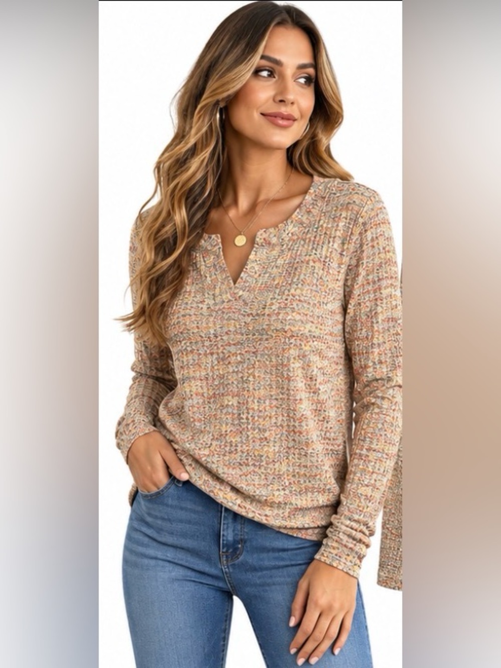 DERAX Apricot Multicolor Textured Knit Long Sleeve Top Large NWT